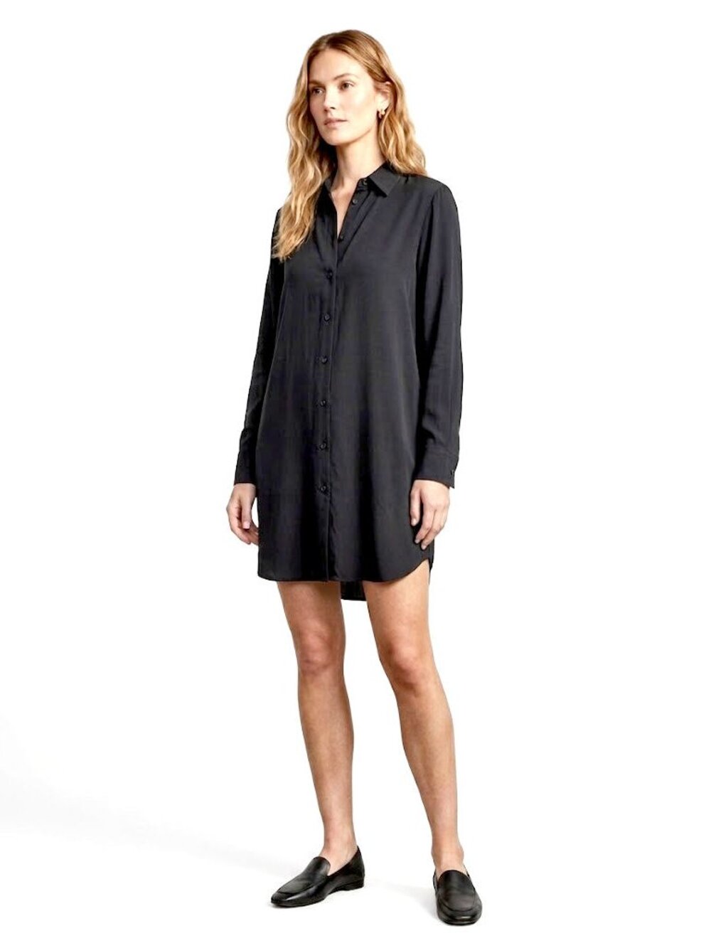 WAYF 100% Rayon Button Down Tunic Shirt Dress, Black, Womens Size XS